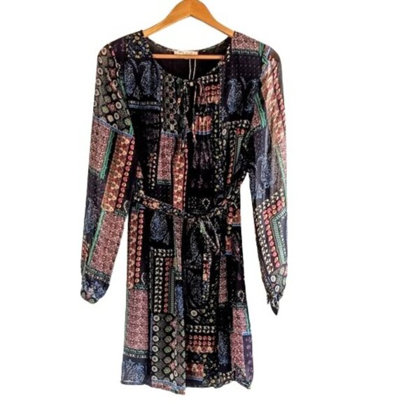 NRE Woman New Collection Multicolor Patchwork Boho Belted Dress - Picture 1 of 7